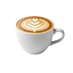 Latte art coffee in white ceramic mug.