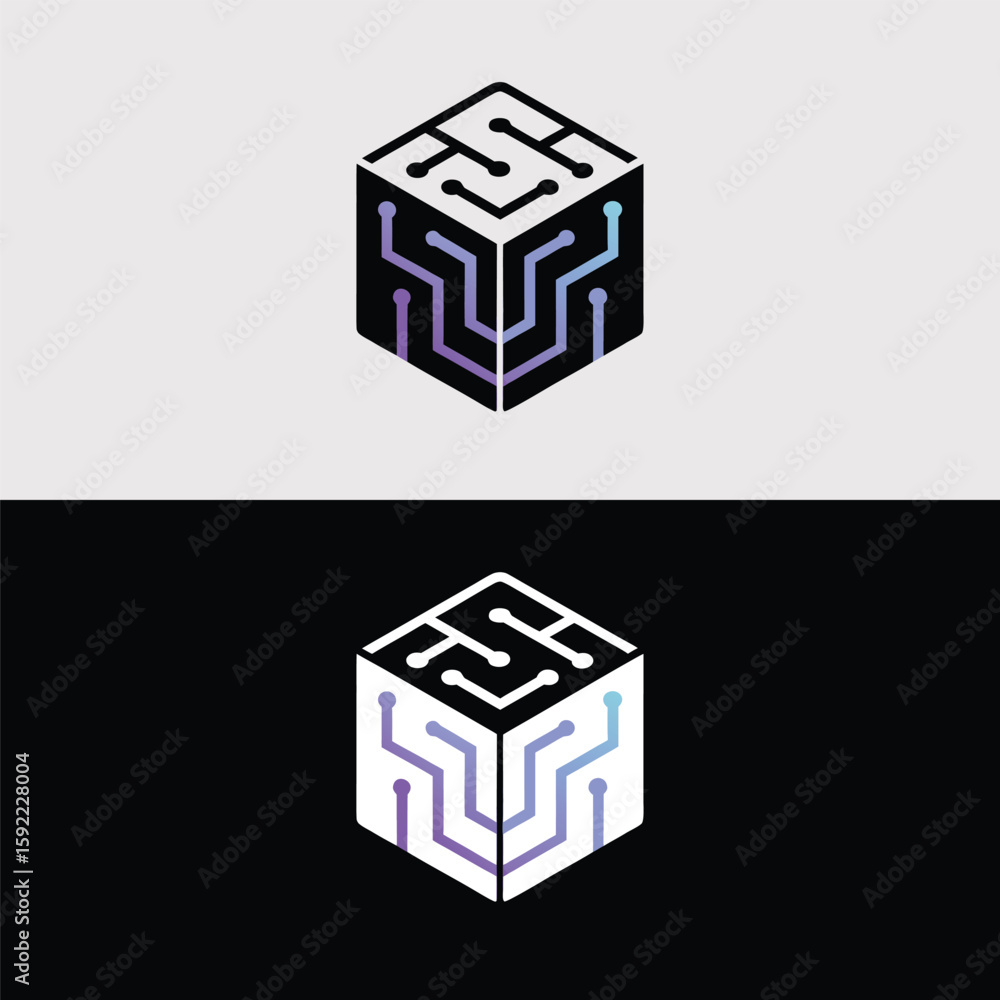 Poster a futuristic cube logo design features a circuit board pattern with a gradient color scheme, symboli
