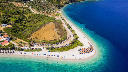 most beautiful and unique beaches of Greece , Sporades Alonissos island - aerial view of stunning Agios Dimitrios beach with white sandy beach and turquoise watres