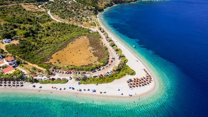 Gordijnen most beautiful and unique beaches of Greece , Sporades Alonissos island - aerial view of stunning Agios Dimitrios beach with white sandy beach and turquoise watres © Freesurf