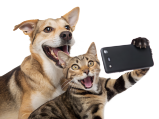 Happy dog and excited cat taking a selfie together isolated on transparent background