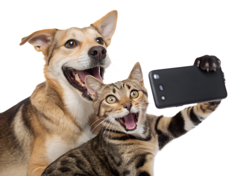 Happy dog and excited cat taking a selfie together isolated on transparent background