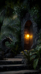 Dark, ancient doorway in a lush, overgrown jungle, illuminated by a warm light. Dragon statue guarding the entrance