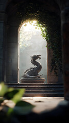 Stone dragon statue in arched doorway, sunlight streams through foliage