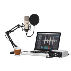 Illustration of a podcasting setup with a microphone, laptop displaying audio waves, audio interface, and a cup of coffee.