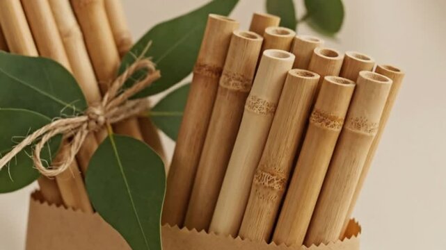 Two bundles of natural bamboo straws one tied with string and decorated with leaves in a brown paper bag