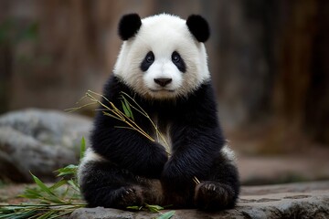 Obraz premium Adorable Giant Panda Cub Sitting with Bamboo Shoots in its Paws, Looking Cute