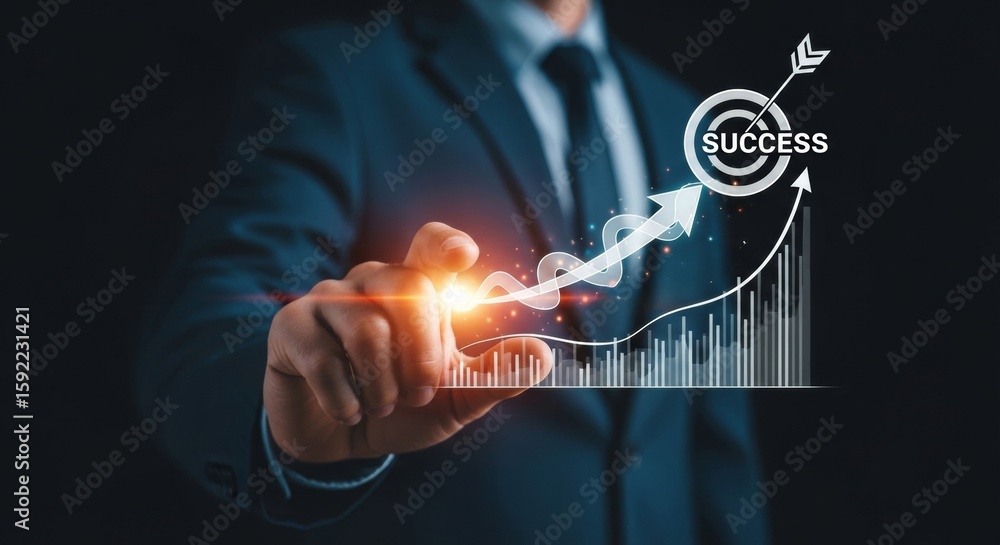 Poster businessman using holographic interface to point at a rising graph arrow hitting a target. symbolize