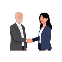 Businesswoman and senior executive shaking hands, signifying a deal or partnership.