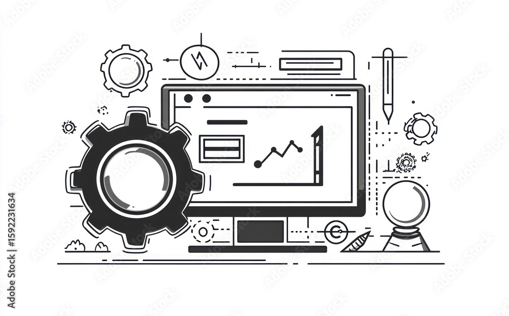 Aufkleber graphic of a computer screen with data and gears