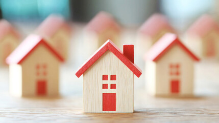 A group of wooden toy houses with red roofs and doors, arranged in a row on a wooden surface.