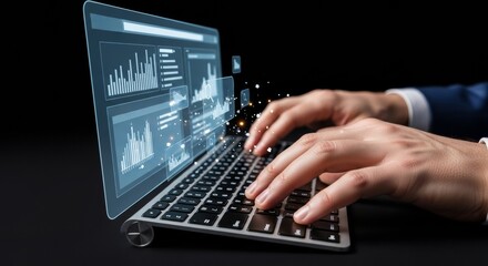 A hand typing on a keyboard with a digital holographic search interface, symbolizing data search technology, SEO, and analytics on a futuristic web platform.