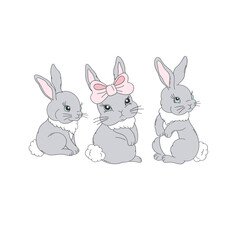 Cute Vintage Grey Easter Bunnies with Coquette Style Pink Bow Vector Illustration Isolated on White. Ideal for Easter cards, spring nursery prints, baby clothes, invitations, and whimsical holiday