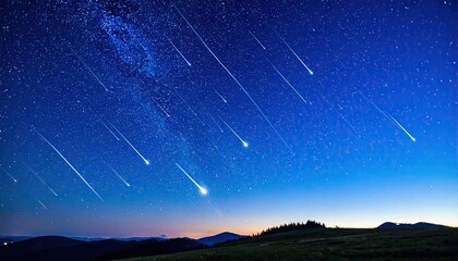 Starry night with meteor shower over mountains