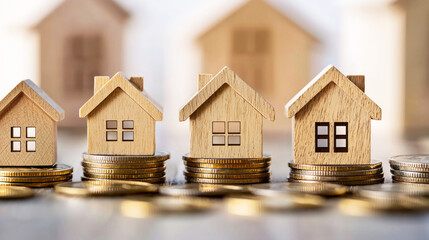 A wooden house model on a stack of coins with a blurred background of more houses.