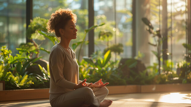 Corporate wellness program, office meditation space with soft lighting
