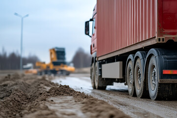 Cargo truck navigates muddy construction site with heavy equipment in the background against an overcast sky, conveying industrial transport.
