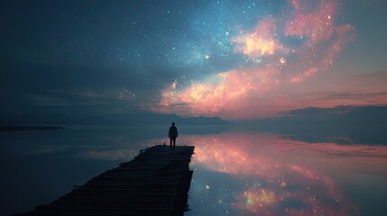 Silhouette of Person on Dock at Night with Colorful Galaxy Reflection