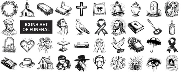 Icons set of funeral illustrations in black and white, vector icon set in sketch style funerals and funeral services