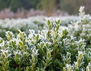 Fototapeta premium Frosty green bushes in a garden