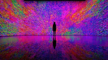 Silhouette of Person in Vibrant Colorful Pixelated Light Installation