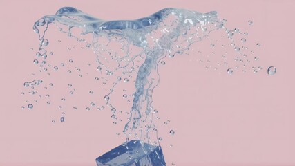 Water splash from ice cube animation. Fluid dynamics simulation. Frozen block melting effect. Refreshing beverage concept. Digital 3D rendering on pink background with copy space - Powered by Adobe