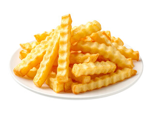 Wavy French fries on white plate on transparent background
