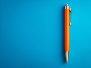 Orange pen standing upright on blue background