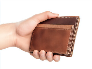 Hand holding brown leather wallet against gray background