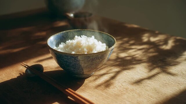 bowl of rice with chopstick on table