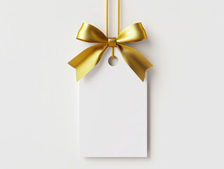 White greeting card with golden ribbon bow on beige background