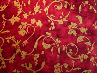Red and gold baroque floral pattern fabric close-up