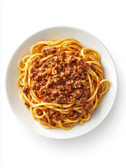Spaghetti bolognese served in white bowl top view