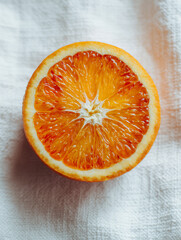 Blood orange slice cross-section on fabric surface