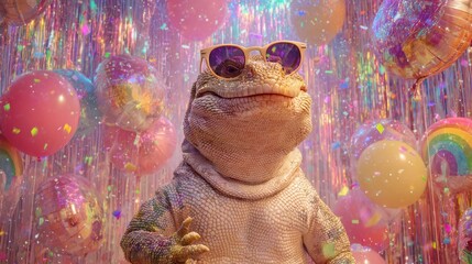 Smiling Lizard in Sunglasses Amidst Colorful Balloons and Glitter
