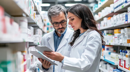 Two pharmacists discussing medication in a pharmacy. The setting is a drugstore with shelves filled with various pharmaceutical products.