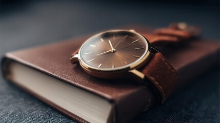 Close-up of a brown leather watch on a book.