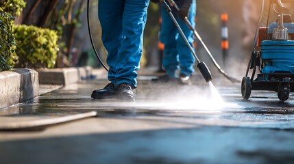 Obraz premium Workers using pressure washer to deep clean driveway for professional cleaning service. Concept Pressure Washing, Driveway Cleaning, Professional Service, Outdoor Maintenance, .