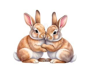 Fototapeta premium Two Cute Easter Bunnies Cuddling Under Blossoms, Love and Spring Theme, Soft Pink Background, Isolated on Transparent Background PNG 