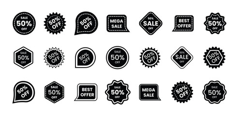 Sale and discount tags silhouette vector illustration. Collection of hand drawn discount and sale tags with 50 percent off offers