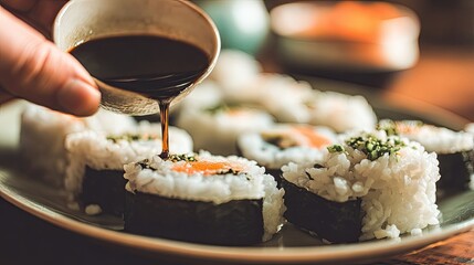 Soy Sauce Drizzled Over Salmon Sushi Rolls on a Plate