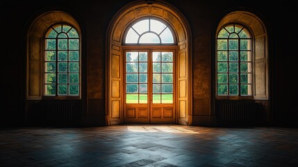 Grand arched entryway, sunlight streams through large wooden doors and windows