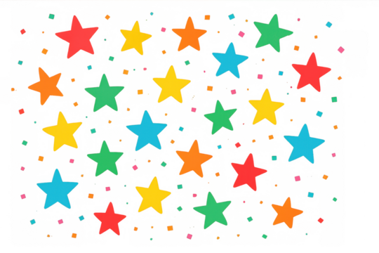 Vibrant confetti and stars cascading against transparent backdrop, generating festive celebration mood for party designs, digital graphics, and card backgrounds