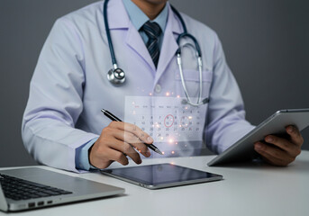 A healthcare professional is booking a patient's appointment on a transparent, digital calendar.