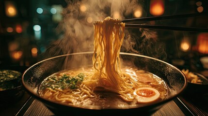 Steaming Bowl of Ramen Noodles with Pork and Egg