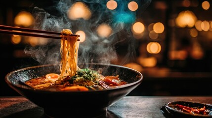 Steaming Bowl of Ramen Noodles with Chopsticks