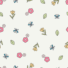 Seamless pattern with dragonfly and flower vector for the summer or spring season. Dragonflies animal and flora textile design for fabric print, kids wallpaper, wallpaper, gift wrap paper.