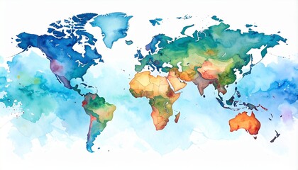 Trade War Headline Watercolor Concept. Colorful watercolor map of the world with vibrant geographical details.
