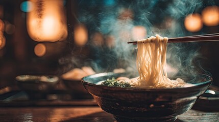 Steaming Noodles in a Dark Bowl, Japanese Cuisine