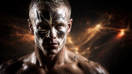 Obraz premium conceptual illustration of a sporty man standing confidently after applying facial cream, a subtle protective shield of light enveloping his face. The background features dynamic, abstract elements 